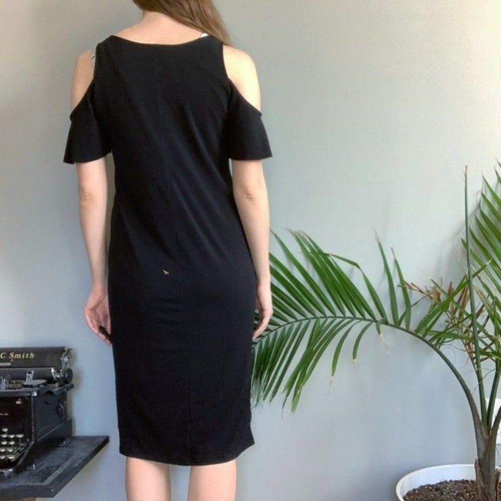 Zara slinky black and white midi cocktail workwear v-neck short sleeve dress - Picture 3 of 8